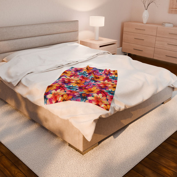 Vibrant Floral Velveteen Plush Blanket - Cozy Home Decor