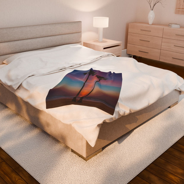 Tropical Sunset Velveteen Plush Blanket - Cozy Beach Vibes for Home Decor