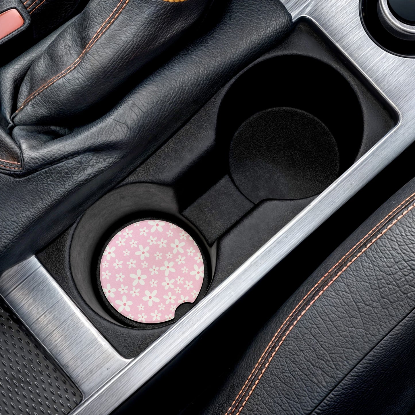 White flowers with Pink Background Soapstone Car Coaster