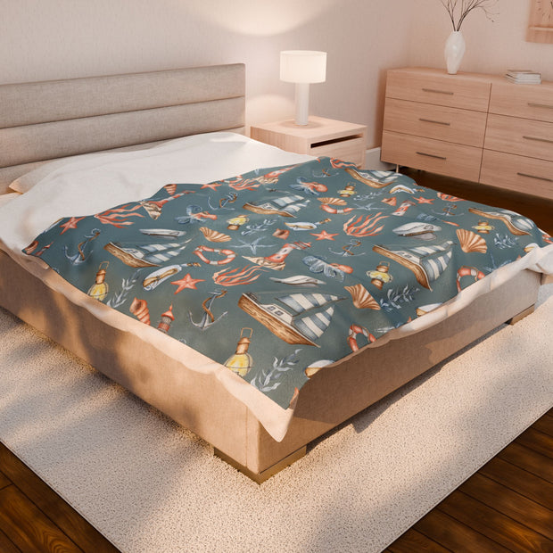 Nautical Velveteen Plush Blanket - Cozy Ocean-Inspired Throw for Beach Lovers