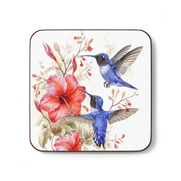 Blue Hummingbirds with Flower - Hardboard Back Coaster