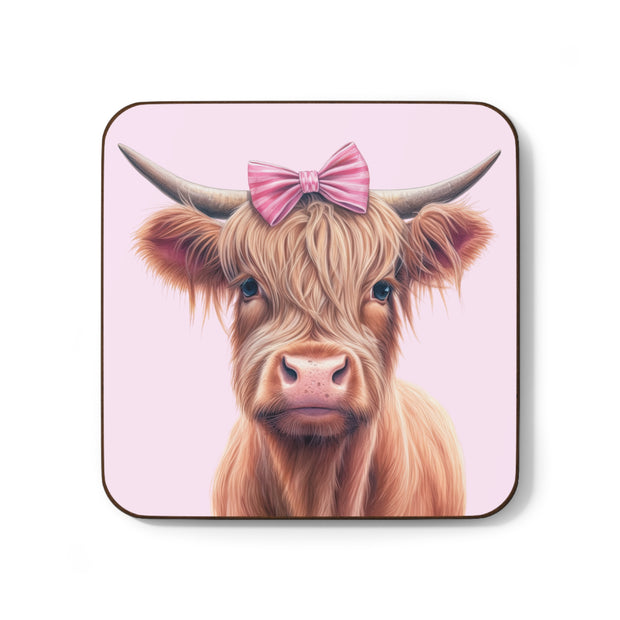 Cute Pink Bowed Highland Heifer - Hardboard Back Coaster