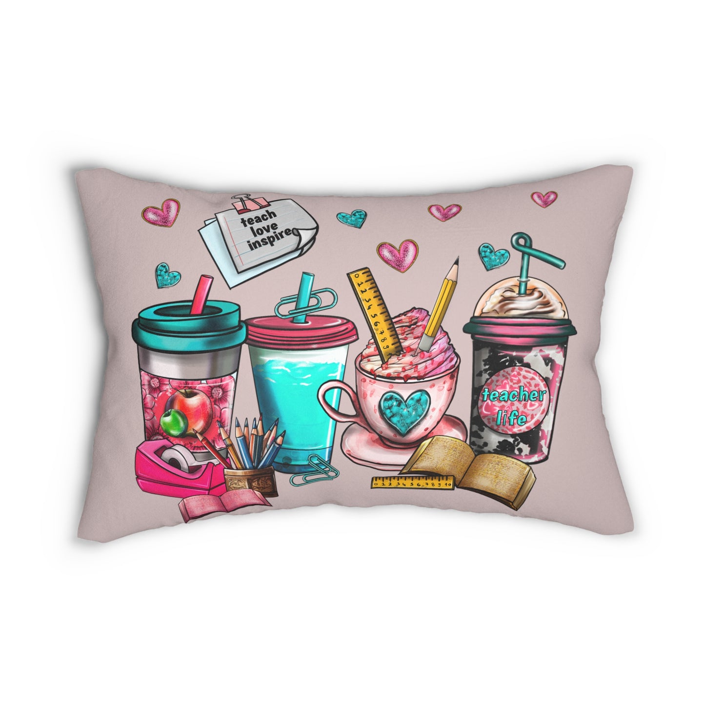 Teach Love Inspire with Coffee Cups Spun Polyester Lumbar Pillow