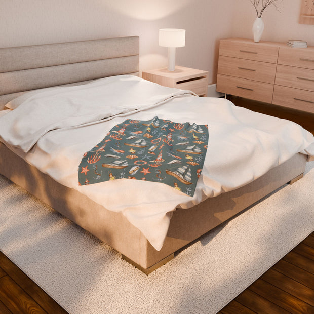 Nautical Velveteen Plush Blanket - Cozy Ocean-Inspired Throw for Beach Lovers