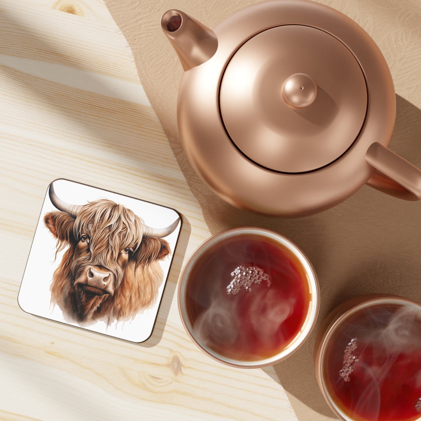 Highland cow with horns Hardboard Back Coaster