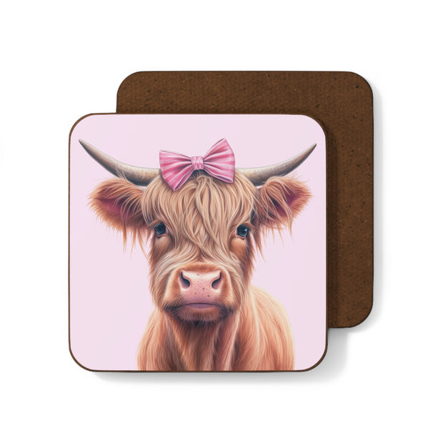 Cute Pink Bowed Highland Heifer - Hardboard Back Coaster