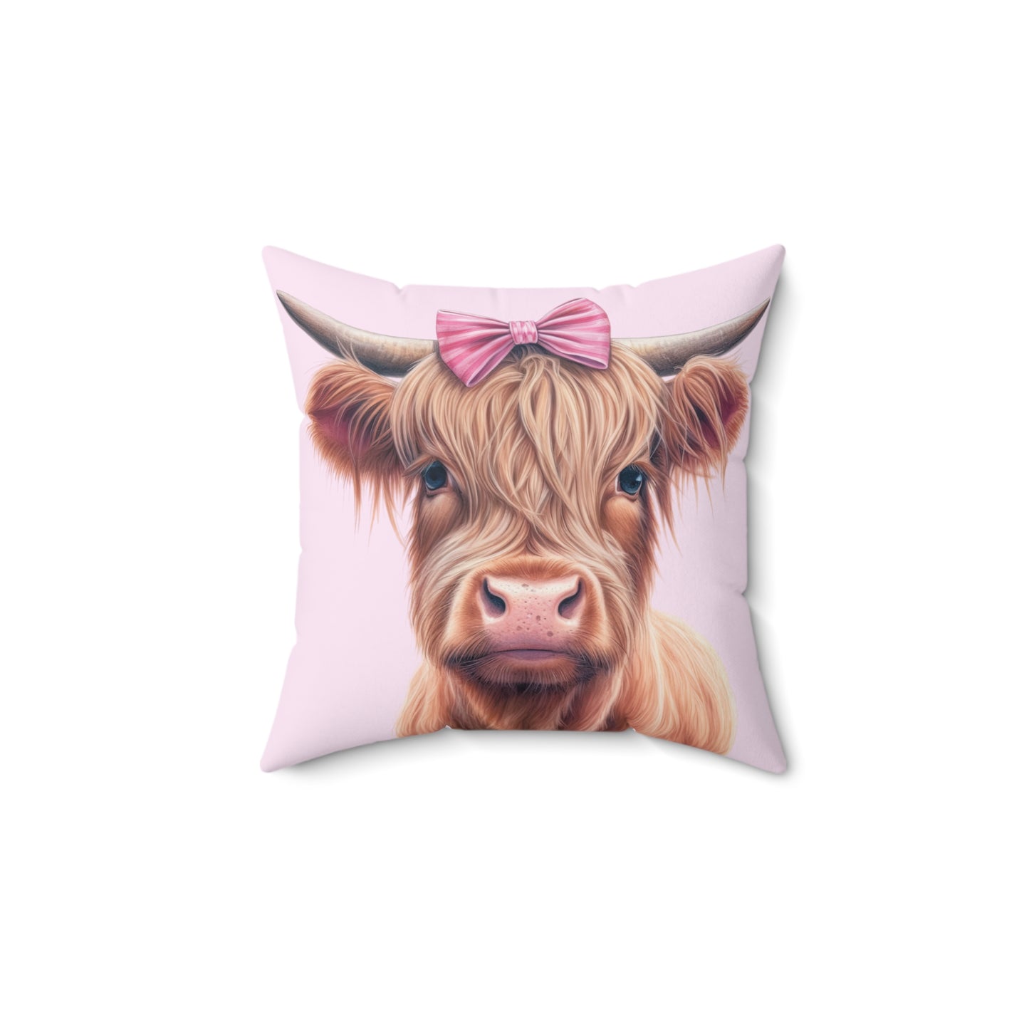 Cute Pink Bowed Highland Heifer - Spun Polyester Square Pillow