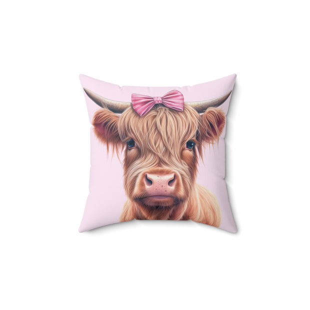 Cute Pink Bowed Highland Heifer - Spun Polyester Square Pillow