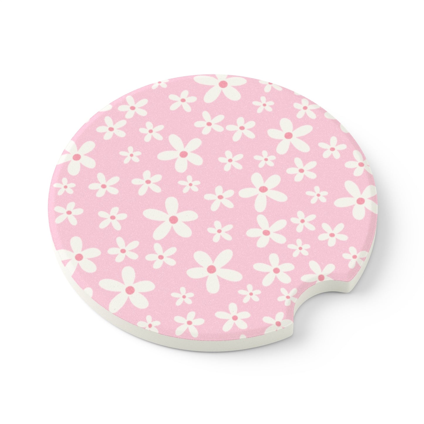 White flowers with Pink Background Soapstone Car Coaster