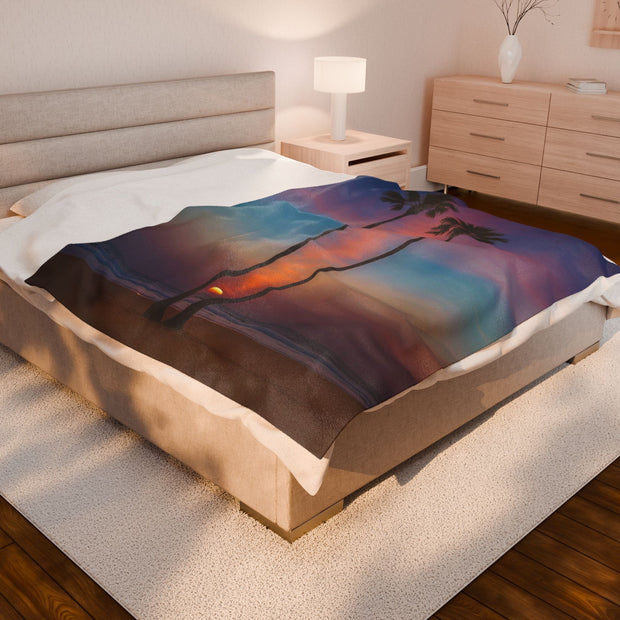 Tropical Sunset Velveteen Plush Blanket - Cozy Beach Vibes for Home Decor