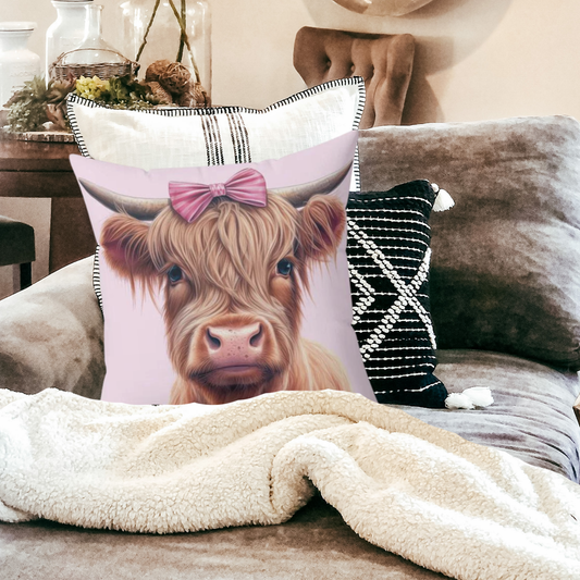 Cute Pink Bowed Highland Heifer - Spun Polyester Square Pillow