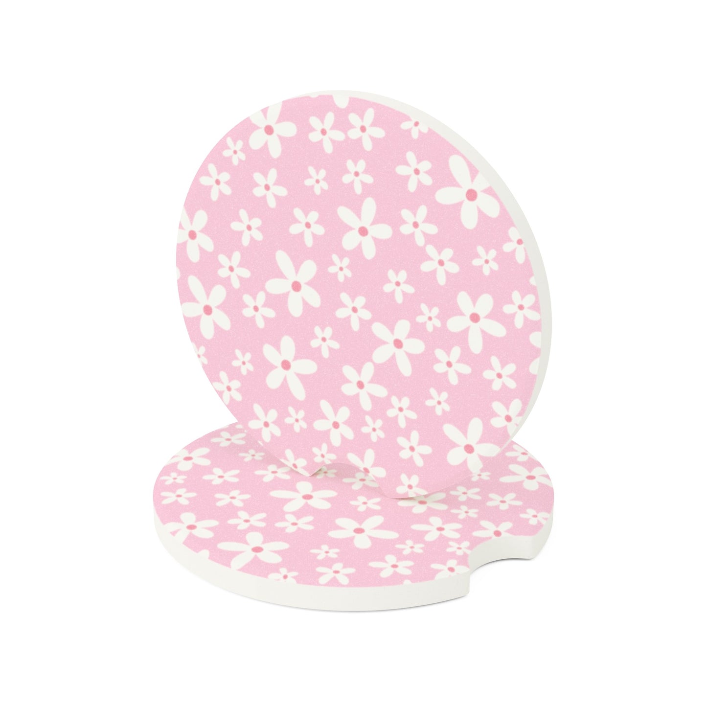 White flowers with Pink Background Soapstone Car Coaster