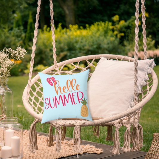 Hello Summer w/ Flip Flops & Pineapple - Spun Polyester Square Pillow