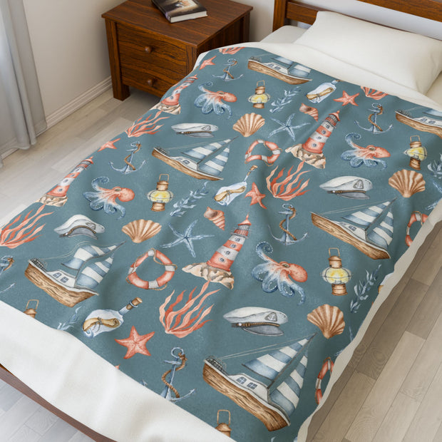 Nautical Velveteen Plush Blanket - Cozy Ocean-Inspired Throw for Beach Lovers
