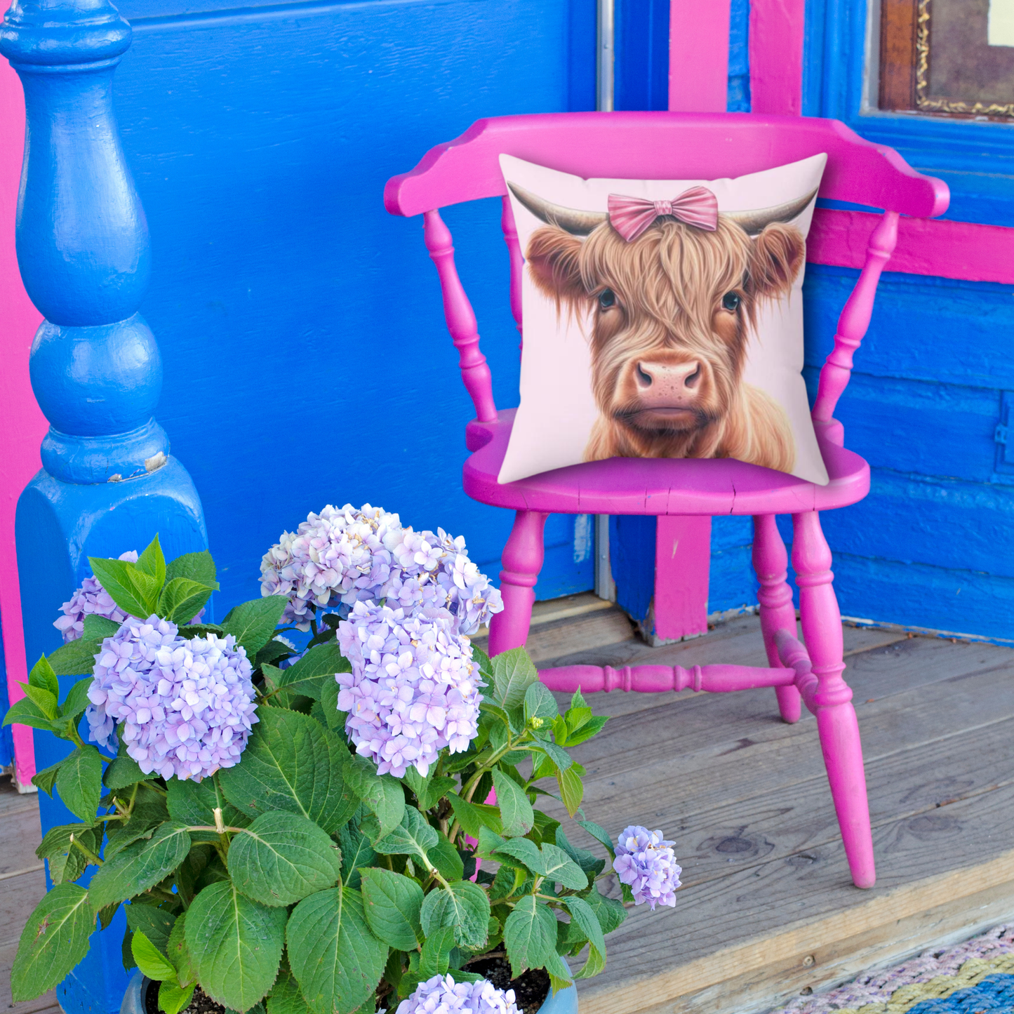 Cute Pink Bowed Highland Heifer - Spun Polyester Square Pillow