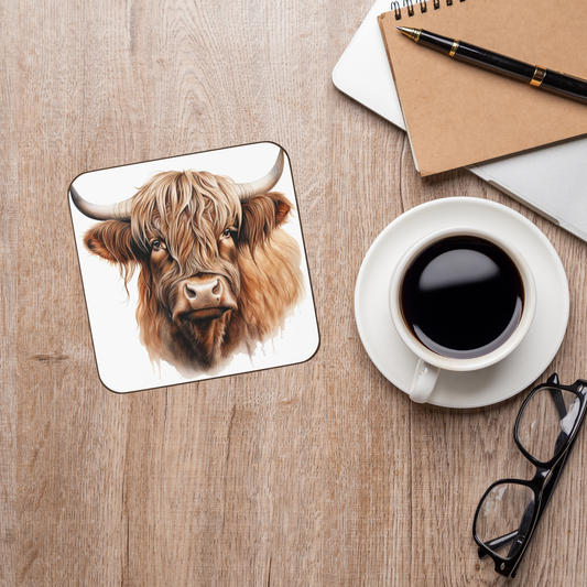 Highland cow with horns Hardboard Back Coaster