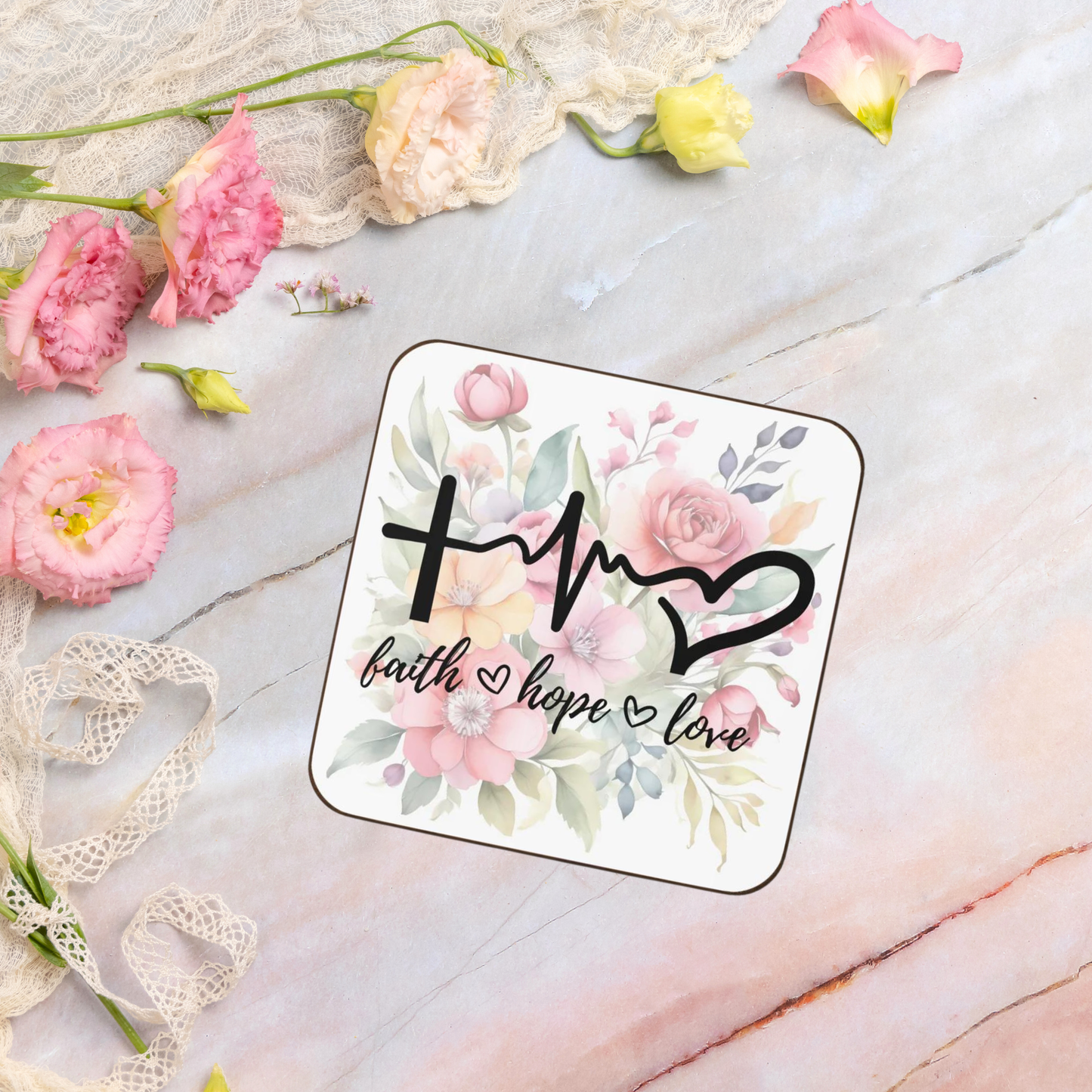 Floral Faith • Hope • Love - Hardboard Back Coaster