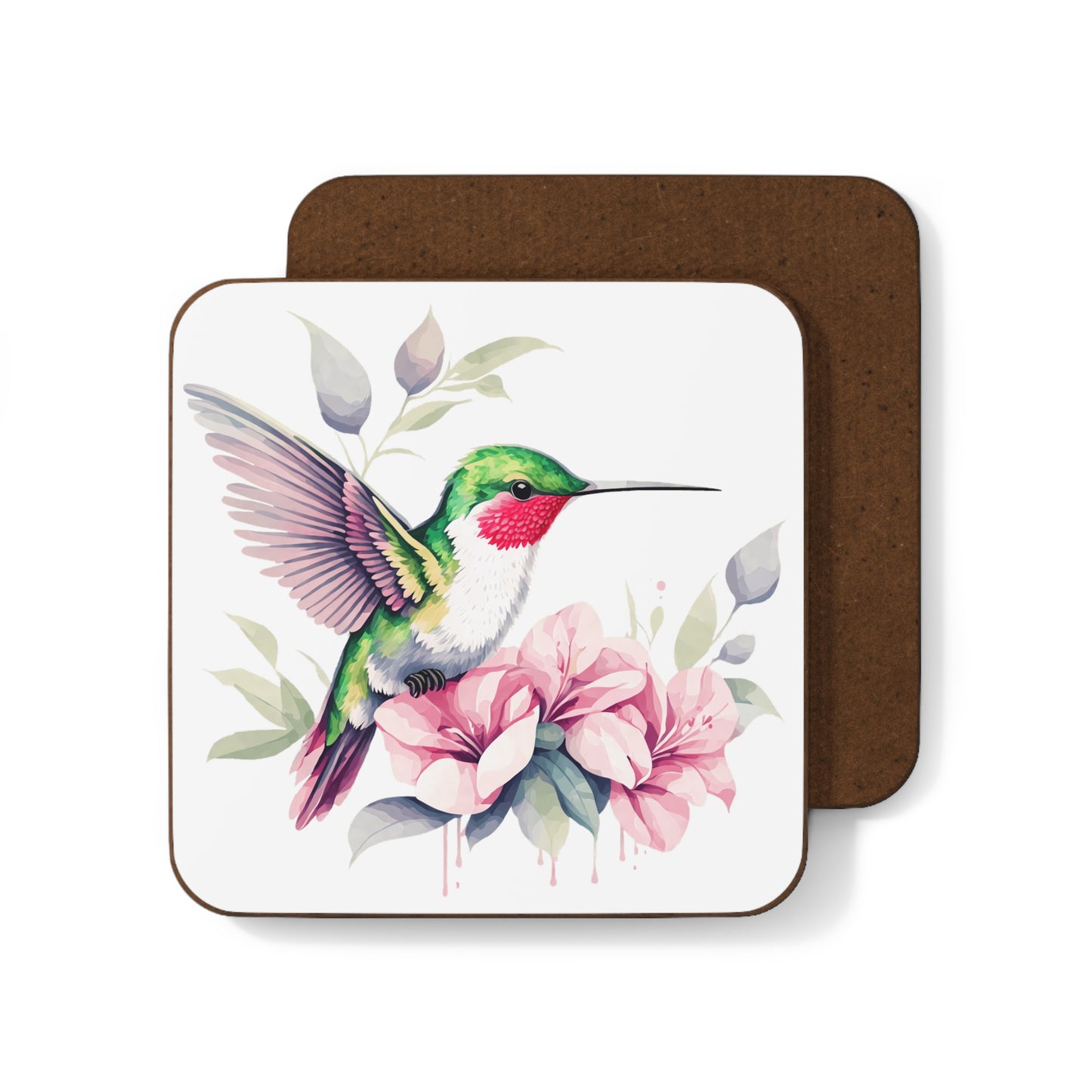 Vibrant Hummingbird on Flower Branches - Hardboard Back Coaster