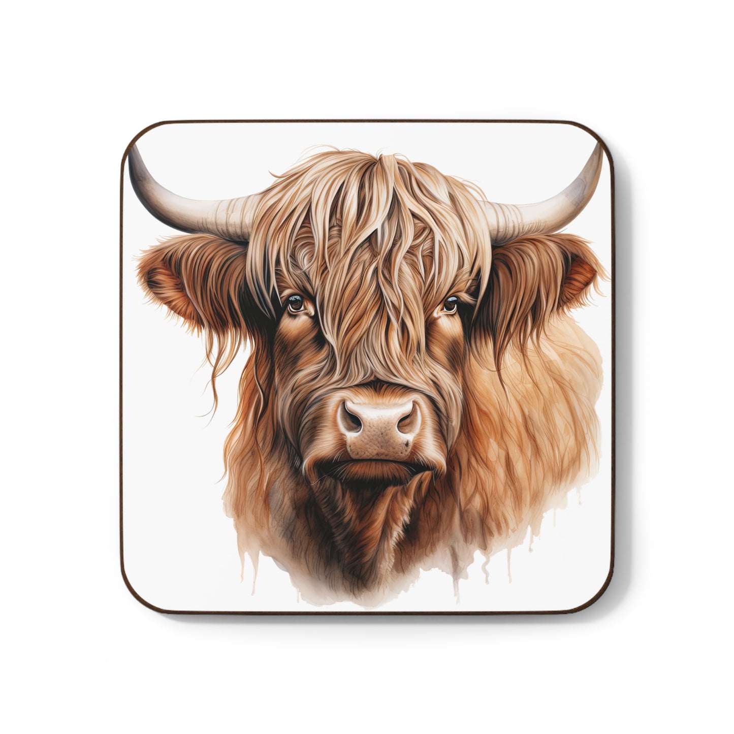 Highland cow with horns Hardboard Back Coaster