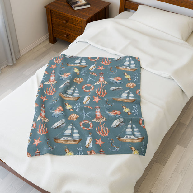 Nautical Velveteen Plush Blanket - Cozy Ocean-Inspired Throw for Beach Lovers