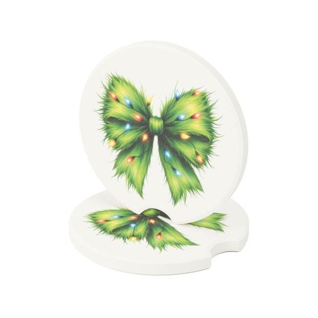 Holiday Grinch Bow Soapstone Car Coaster - Festive Design for Christmas Decor