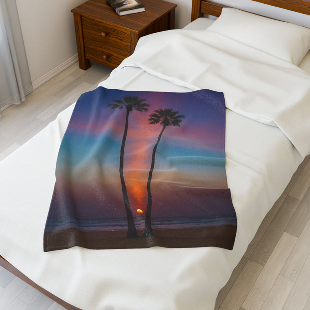 Tropical Sunset Velveteen Plush Blanket - Cozy Beach Vibes for Home Decor