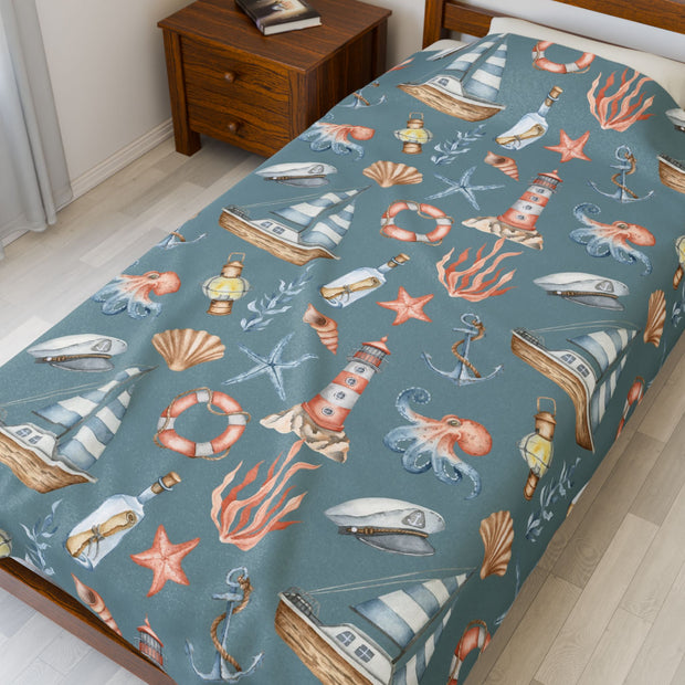 Nautical Velveteen Plush Blanket - Cozy Ocean-Inspired Throw for Beach Lovers
