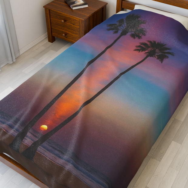 Tropical Sunset Velveteen Plush Blanket - Cozy Beach Vibes for Home Decor