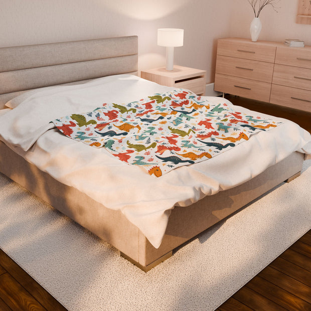 Dinosaur Pattern Velveteen Plush Blanket - Cozy and Fun for Kids