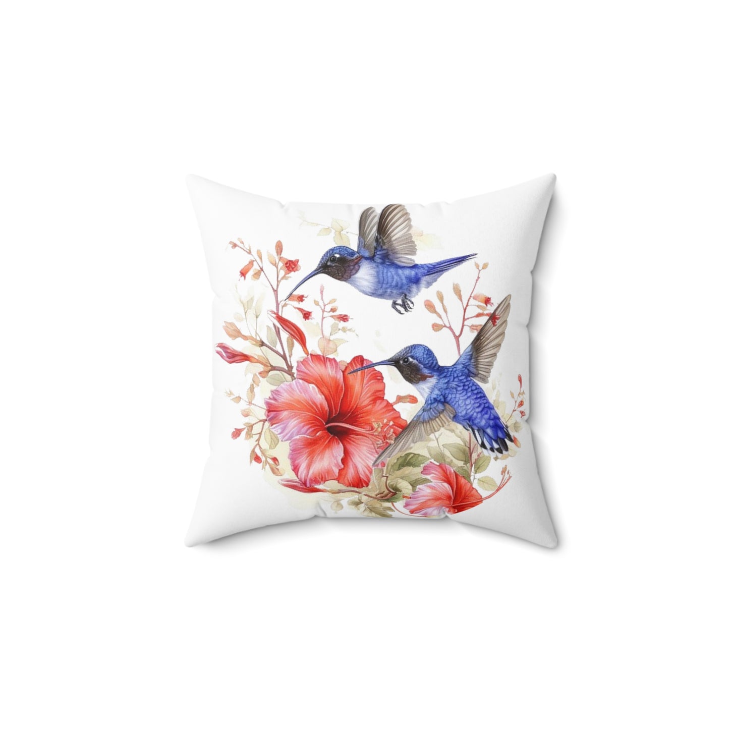 Blue Hummingbirds with Flower - Spun Polyester Square Pillow