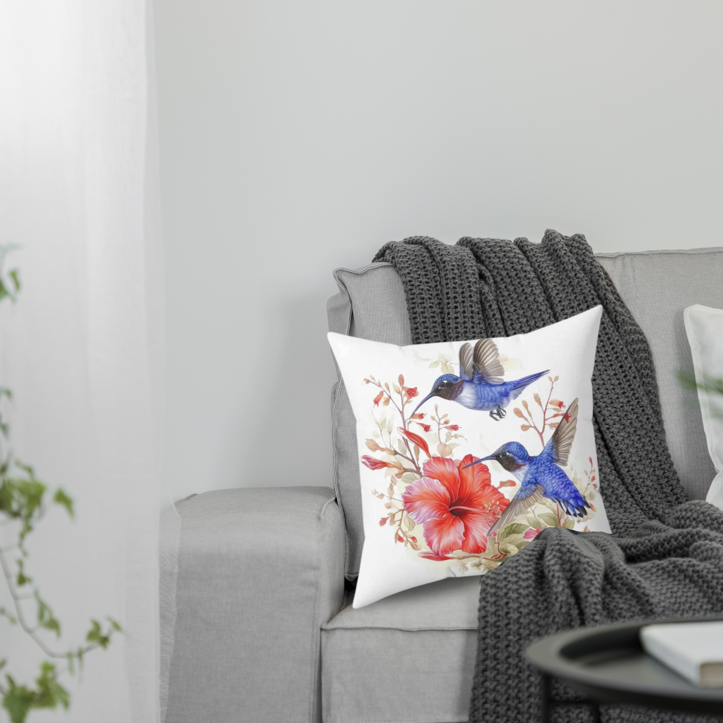 Blue Hummingbirds with Flower - Spun Polyester Square Pillow